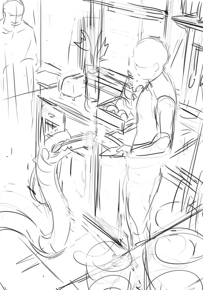 シャドウバースのファンアートラフです。仕上げを断念したものその２。俯瞰構図でキッチンに居るキャラクター達を描こうとしていました。