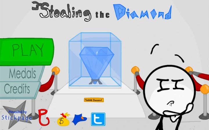 The Henry Stickmin mission Stealing the Diamond. A stick figure man is quizzically looking at a diamond with nefarious intent