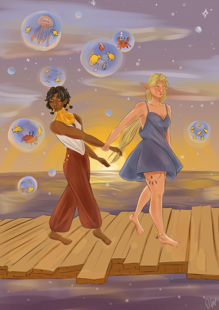 Tecla pulls Ali — who is very distracted by the floating bubbles with fish, shrimp, jellyfish and crabs in them — with her. It's sunset and they're on a pier over the sea. They're very likely to be on a date. 