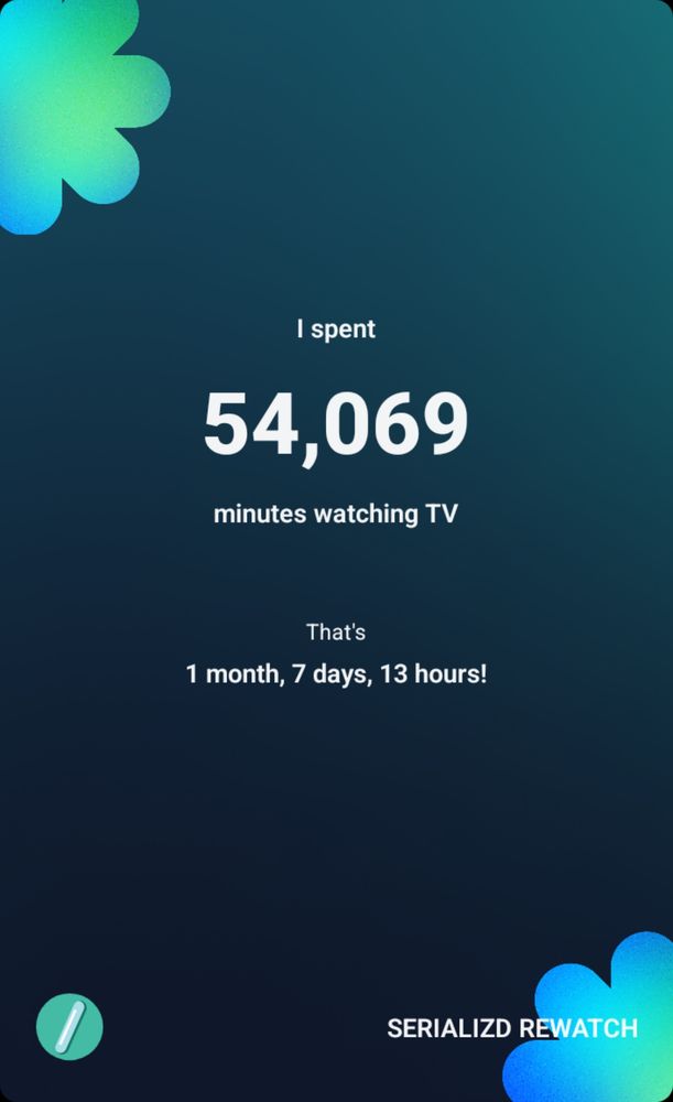 • Total TV Watching Time: 54,069 minutes
• Duration: 1 month, 7 days, 13 hours
• App: Serialized Rewatch