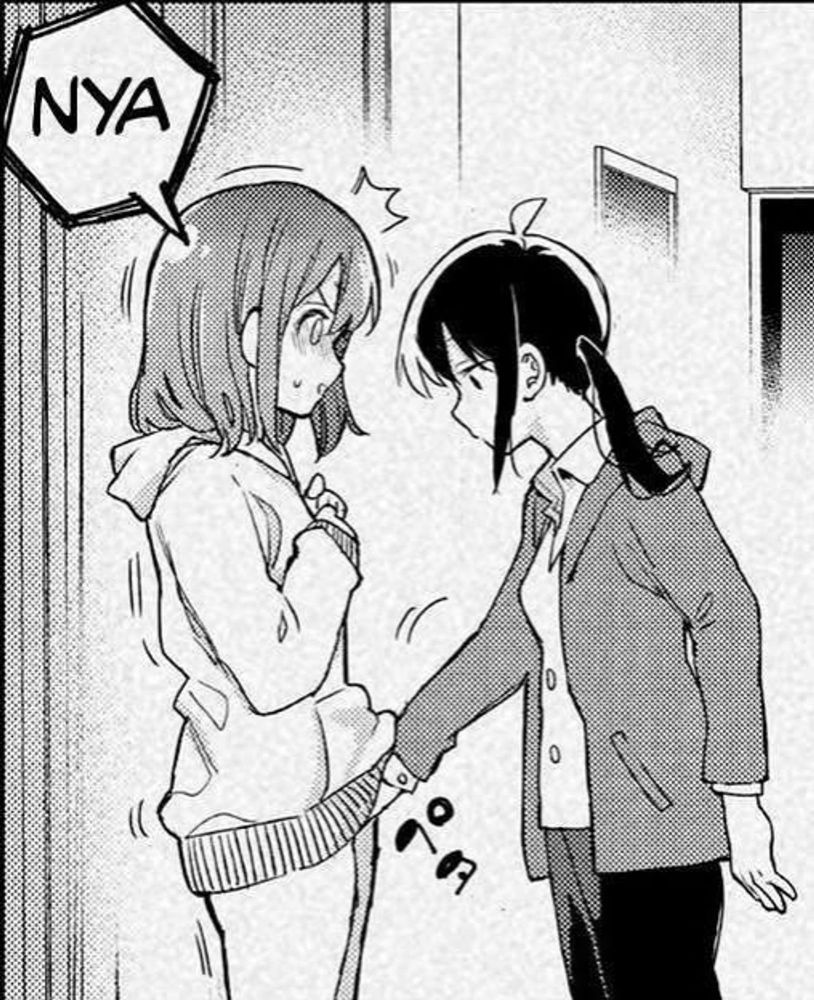 manga panel of a girl putting her hand up into another girls crotch and the girl who’s getting her balls scratched is going “nya”
