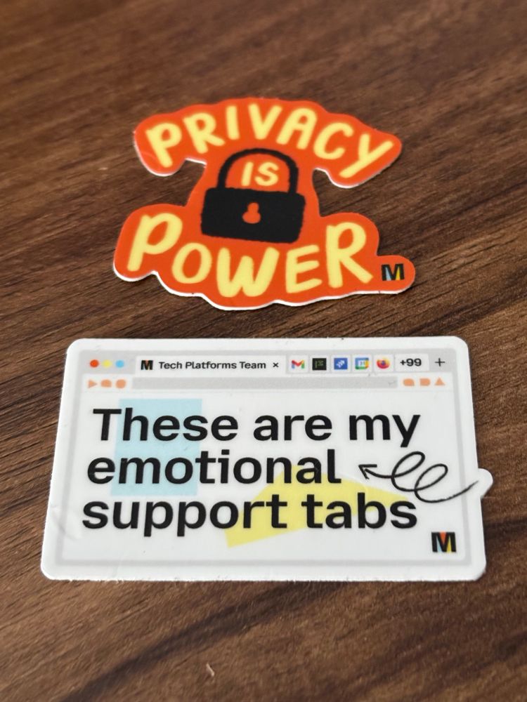 a “these are my emotional support tabs” sticker and a “privacy is power” sticker 