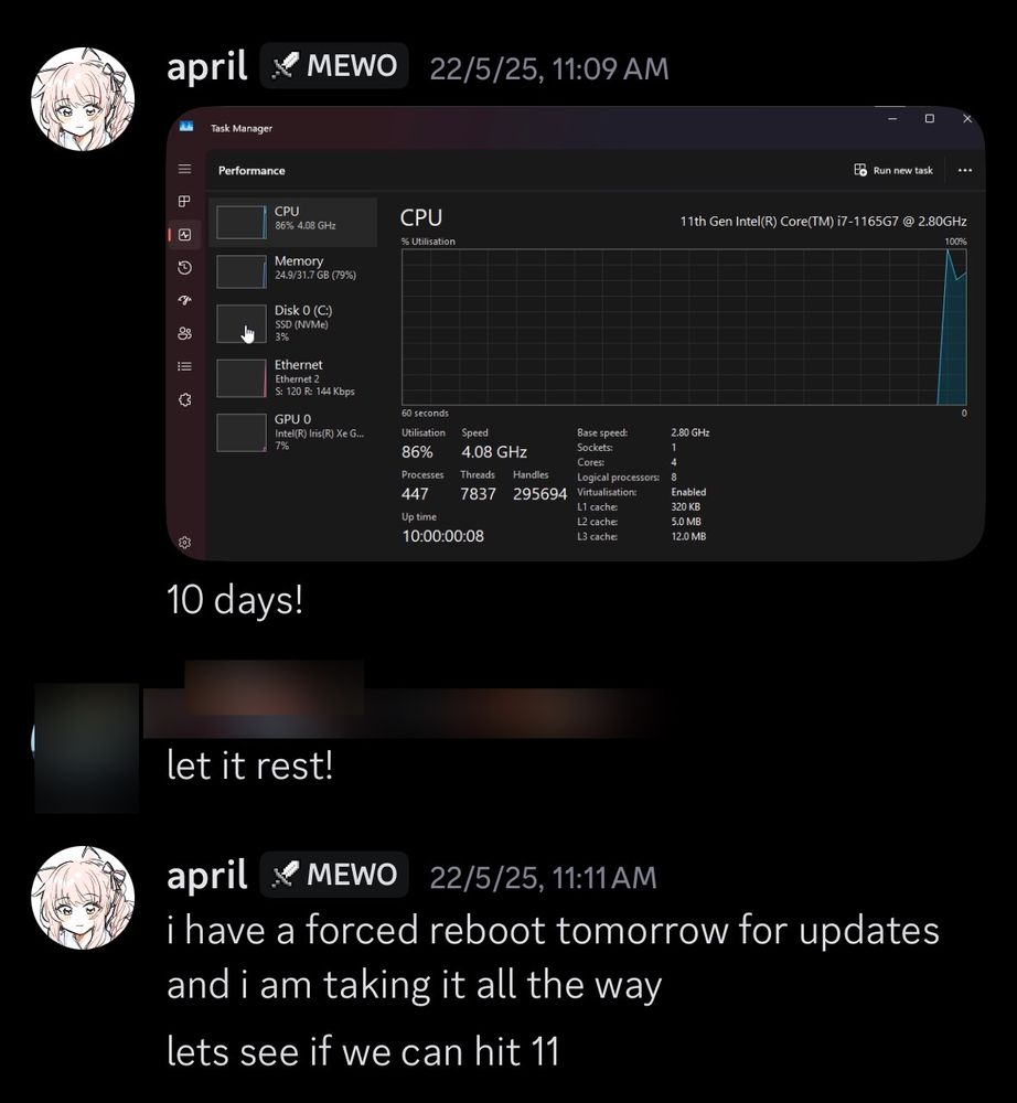 Discord conversation:
april: [a screenshot of Task Manager showing 10 days and 8 seconds of uptime]
person B: let it rest!
april: i have a forced reboot tomorrow for updates and i am taking it all the way. let’s see if we can hit 11