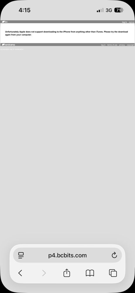 Screenshot of Bandcamp download failing with a message: Unfortunately Apple does not support downloading to the iPhone from anything other than iTunes. Please try the download again from your computer.