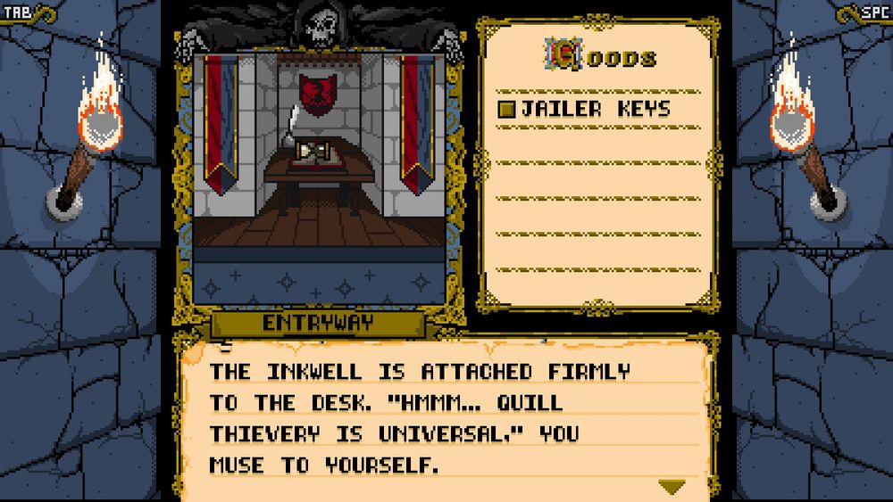 Beyond Shadowgate screenshot. A book, inkpot and quill sit on a small table in an entryway of the castle. Narration: The inkweel is attached firmly to the desk. "Hmmm... Quill thievery is universal," you muse to yourself.