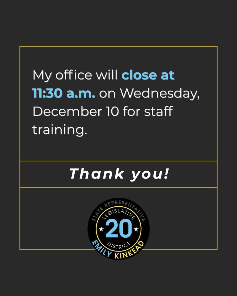 Digital graphic that reads "My office will close at 11:30 a.m. on Wednesday, December 10 for staff training."
