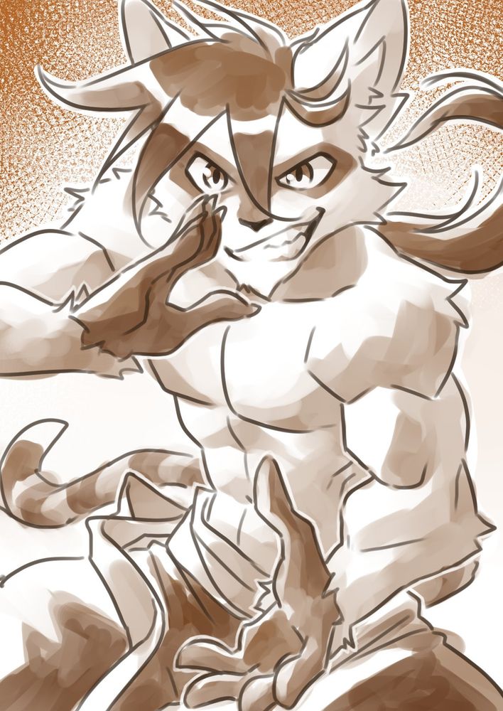 User's furry OC Lucas, a spider monkey/raccoon hybrid. In the image he is shirtless and from the waist up, in a combat pose, well muscled and with black hands and a ringed tail. Long hair flowing behind him.with a big grin on his face.