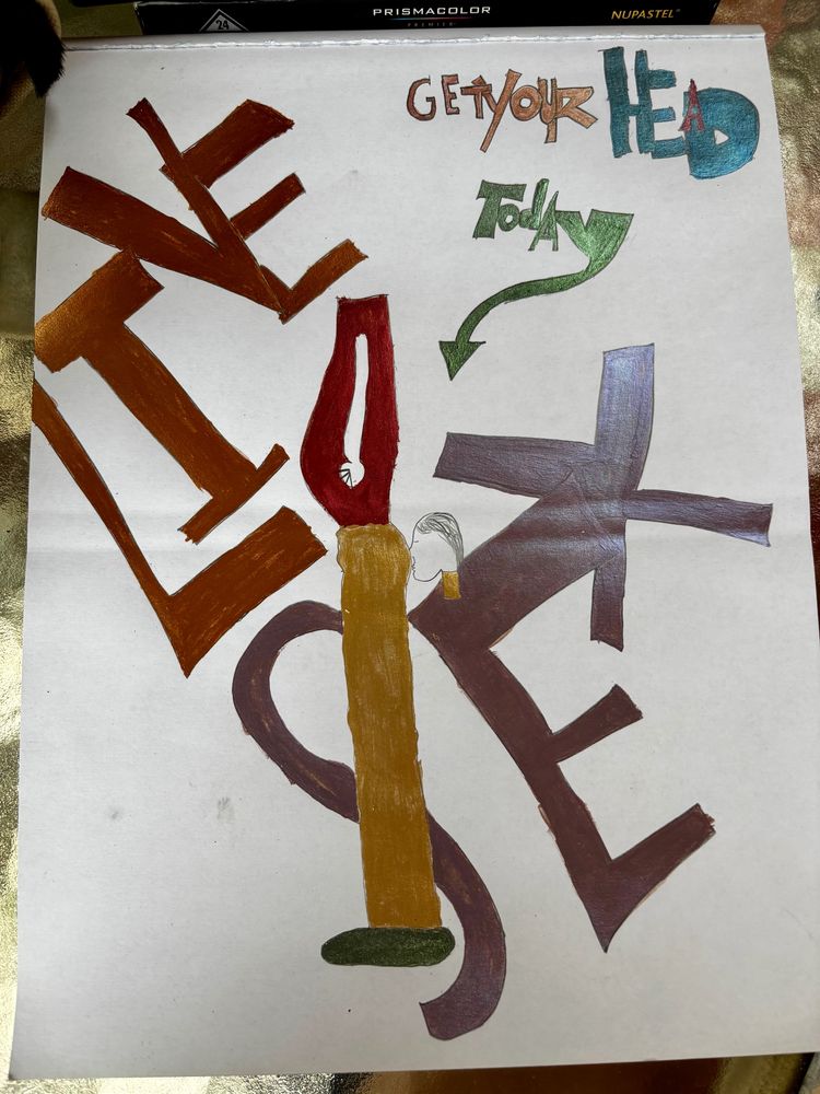 An unfinished portrait being painted of a guy whose head is cut off and facing his ass with the words LIVE SEX, and GET YOUR HEAD TODAY with and arrow off the end of the Y pointing at the head in the ass