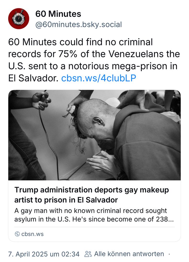 Bluesky Post von 60 Minutes: 60 Minutes could find no criminal records for 75% of the Venezuelans the U.S. sent to a notorious mega-prison in El Salvador. cbsn.ws/4clubLP