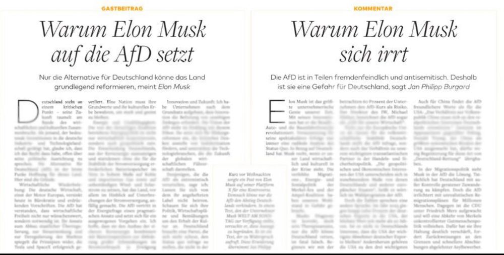 Zwei Zeitungstexte nebeneinander. Einer hat die Überschrift „Warum Elon Musk auf die AfD setzt“, der zweite „Warum Elon Musk sich irrt“.