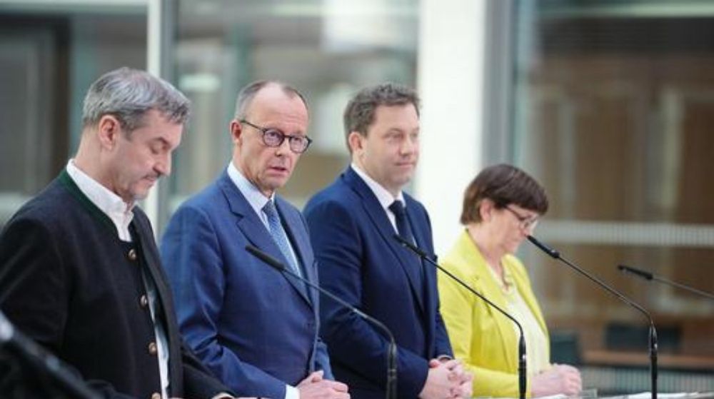 Markus Söder, Friedrich Merz, Lars Klingbeil und Saskia Esken bei der heutigen Pressekonferenz.
