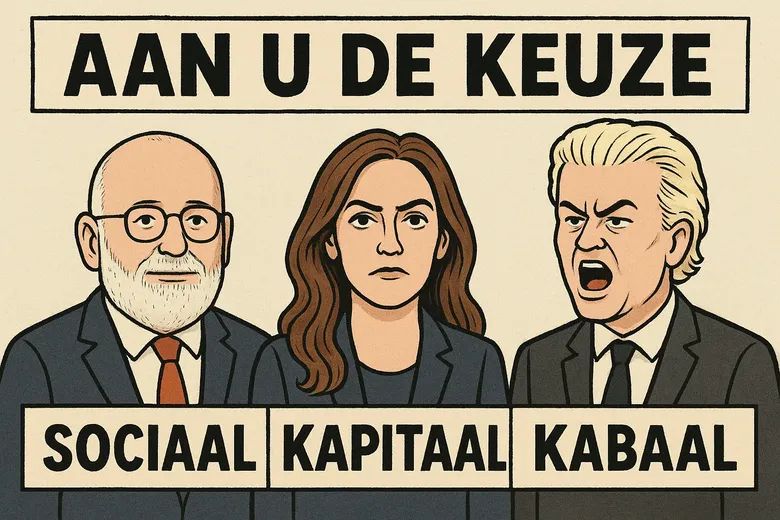 Cartoon tekening van portretten van Timmermans, Yeşilgöz en Wilders.

Bovenschrift: Aan u de keuze

Onder de portretten: Timmermans - Sociaal, Yeşilgöz - Kapitaal en Wilders - Kabaal