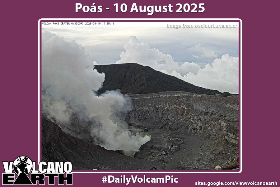 Webcam image of Poás. A thick plume of white steam and gases rises from the volcano's active vent Boca A.
