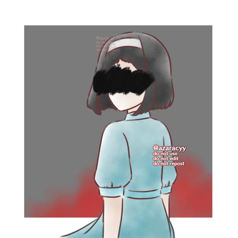 A digital drawing of Miyuki Minase positioned away from the camera towards the left. She has her head turned around at a 3/4th angle, but her face is scribbled out with black. She wears a teal dress with puffed sleeves and a collar. The background is white except for a square in the center that’s grey with red flowers in the bottom right corner.

image description originally provided by sluggybasson107 on tumblr