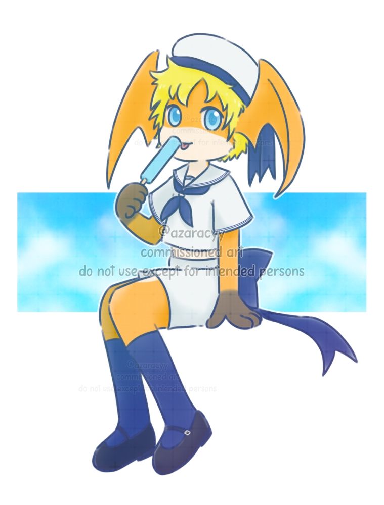 drawing of neo the anthro patamon wearing a sailor outfit and enjoying a popsicle