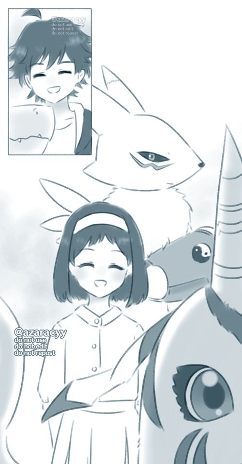 a monochrome artwork of takuma and agumon having a video call with miyuki, renamon, and gabumon