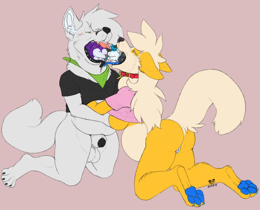 Fox with fennec fox in his mouth letting them kiss the spidox that is inside the paoxs mouth. The fox is groping the paoxs boobs from under her shirt