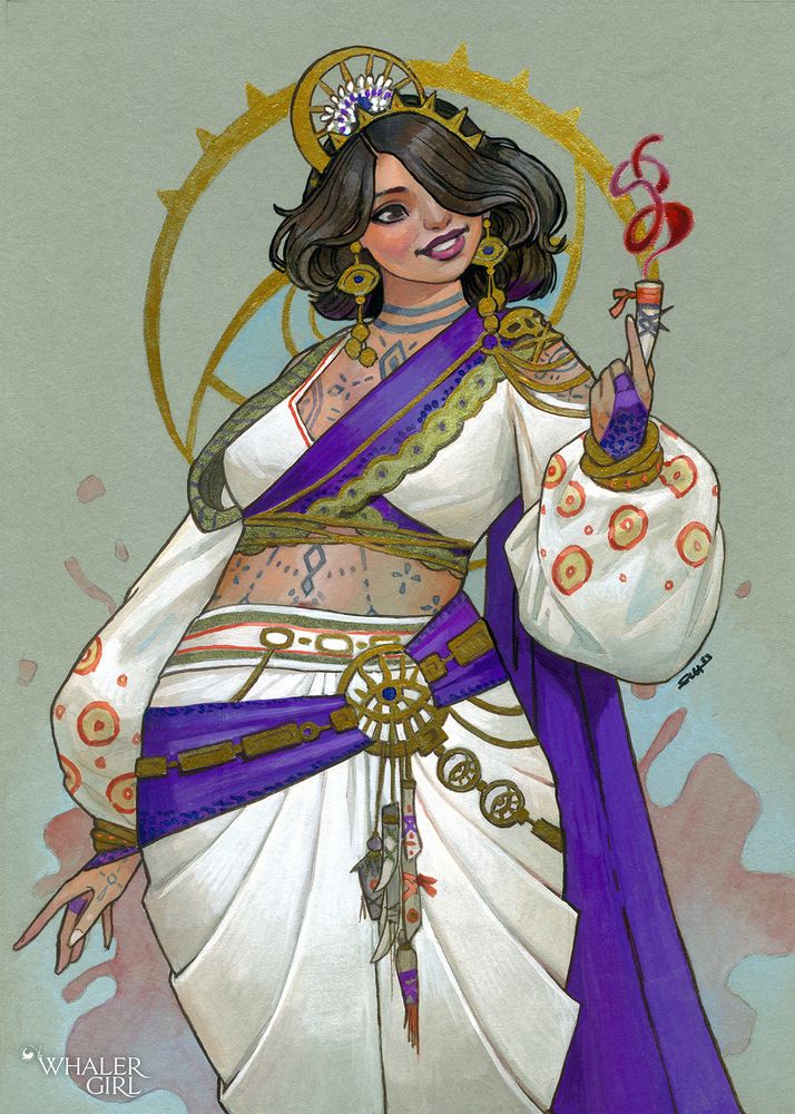 stylised image  of a curvy female fantasy character wearing indian inspired Sari-style clothing, revealing tattoos underneath across her midriff. She is looking at a small bone trinket she holds, emitting some kind of magic red smoke. 