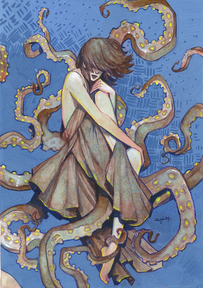 traditional painting of a woman with shaggy shoulder-length hair, her face hidden by it, hugging her legs, with cloth wrapped around her, tentacles emerging from behind her and going in all sorts of directions.