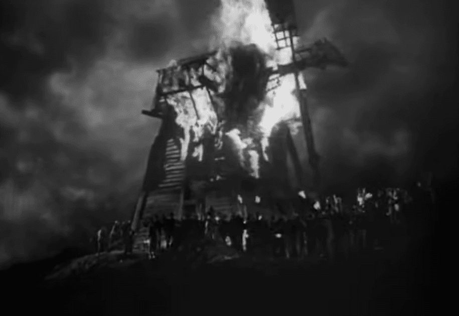 The Monster burns to death in the windmill