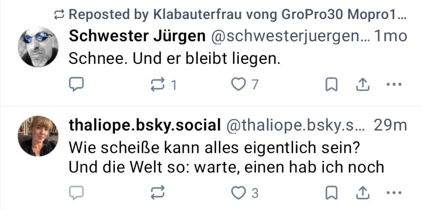 Schwester Jürgen:
Schnee. Und er bleibt liegen.

Thaliope:
Wie scheiße kann alles eigentlich sein?
Und die Welt so: warte, einen hab ich noch