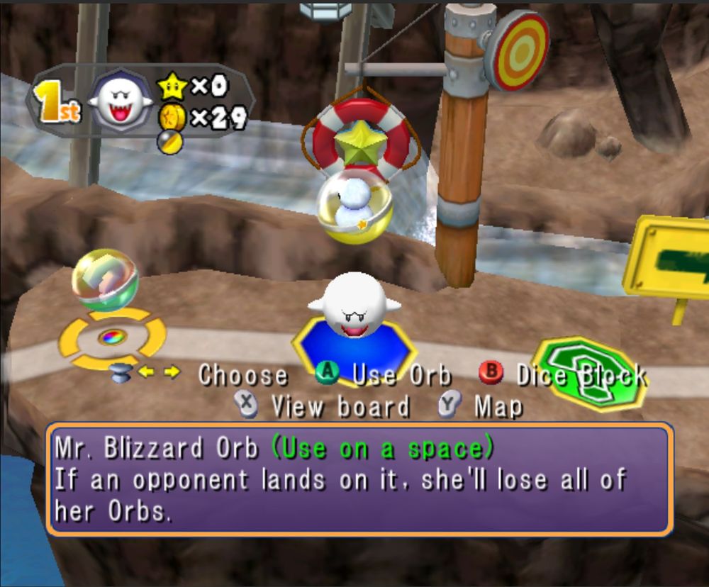 Screenshot of Mario Party 6 with a player highlighting the Mr. Blizzard Orb item that has the description "If an opponent lands on it, she'll lose all of her Orbs"
