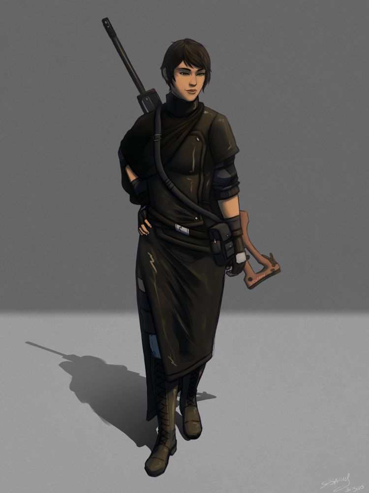 A fullbody colored and shaded drawing of Lucia Lin from Final Fantasy VII Ever Crisis. She wears a fully black leather coat that folds over itself, and a cape like skirt with a long slit on the viewers left side. There is also a small cloak that drapes over the viewers left side, this outfit covers her original P0 outfit. Her sniper rifle Queen is attached to her back by a belt that crosses over the front of her body. She looks down and to the right of the screen. She has a slight smile and wrinkles near her mouth and eyes. From the viewers perspective she also has a small scar on the bottom left of her jawline and one on her right eyebrow.