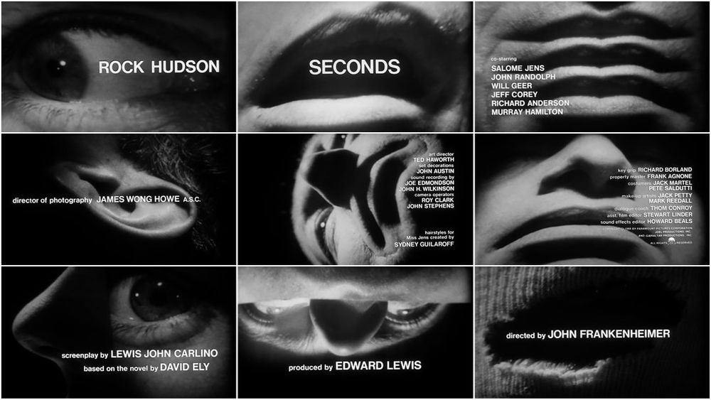 A collage of the opening sequence in Seconds (1966). Every image is an extreme close up of a facial feature incredibly skewed, doubled up, or distended. It's like a very serious version of a mid-90s video game ad. 