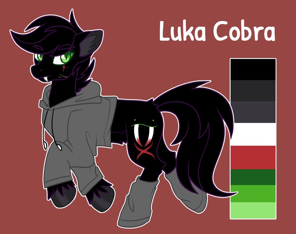 A character reference sheet for my My Little Pony OC, Luka Cobra, a pony with black fur and hair, and green snake eyes.