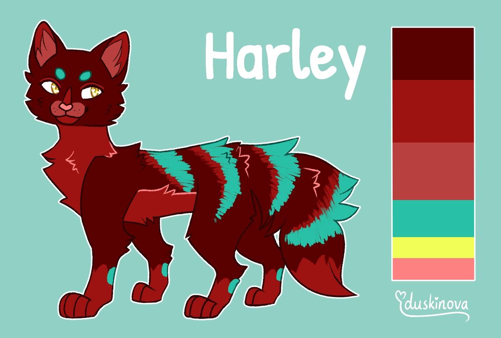 A character reference sheet of my cat OC named "Harley", a brown cat with red and blue markings.