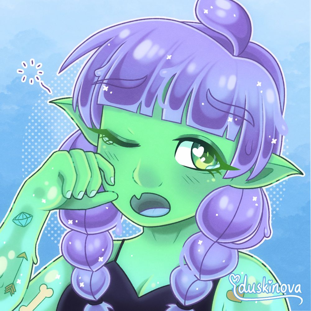A headshot icon commission of a green slime girl with purple hair yawning.
