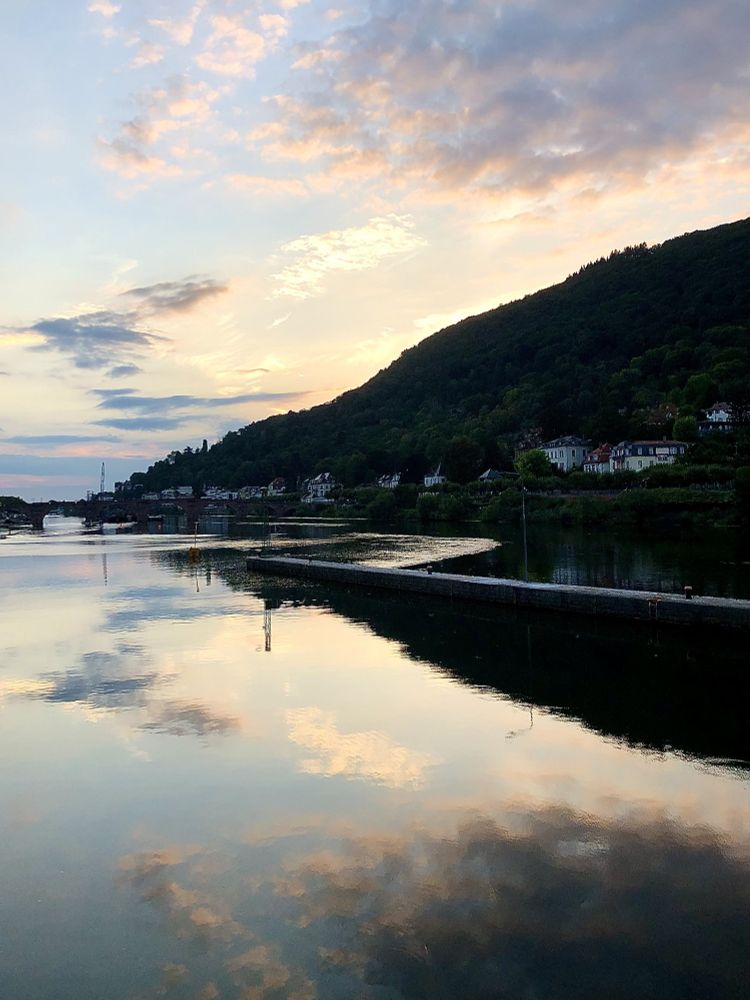 Der bewölkte Abendhimmel und die bewaldete Uferböschung spiegeln sich in einem Fluss