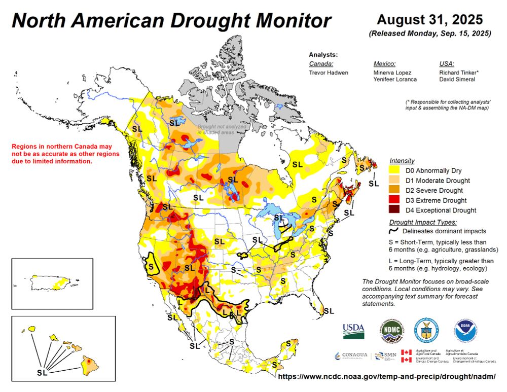 The North American Drought Monitor shows the extent of Canada, the U.S. and Mexico affected by drought at the end of August. 