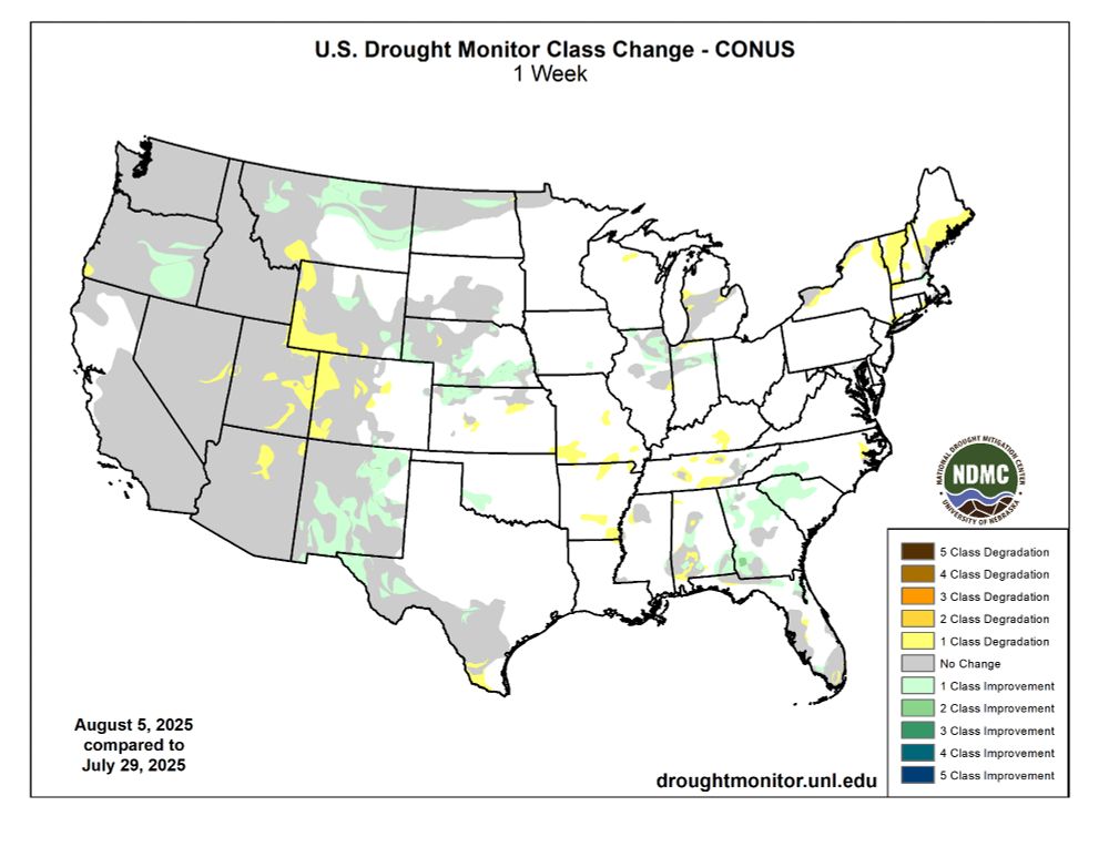 The one week change map shows where drought has worsened or intensified in yellow and places where drought eased in green.