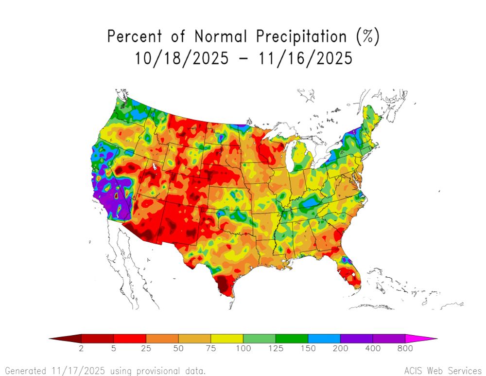The map of the U.S. shows percent of normal precipitation for the past 30 days. 