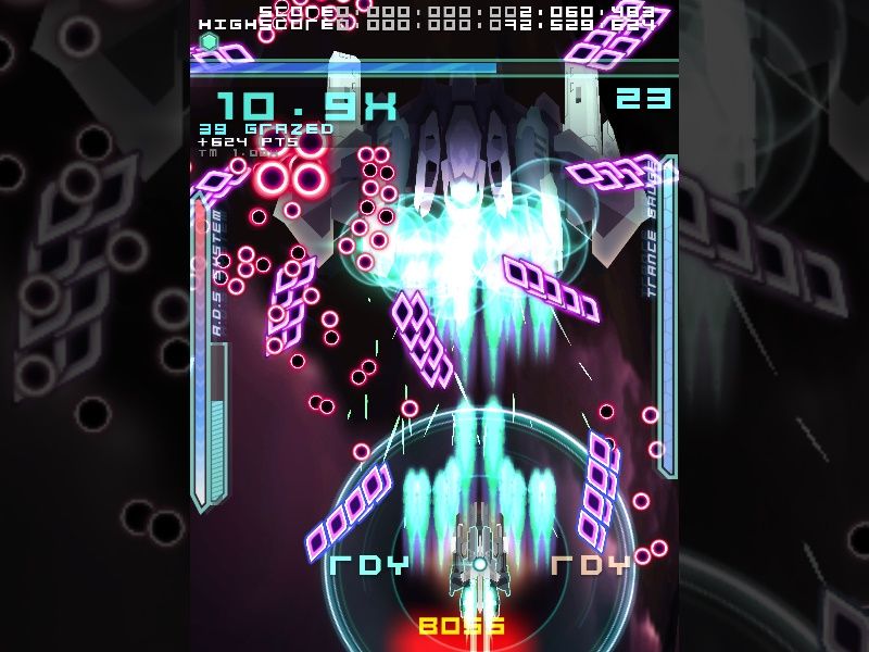 Another Screenshot of the game. This time the player's ship is looking directly at a big and menacing mech, lots of bullets coming from all sides.