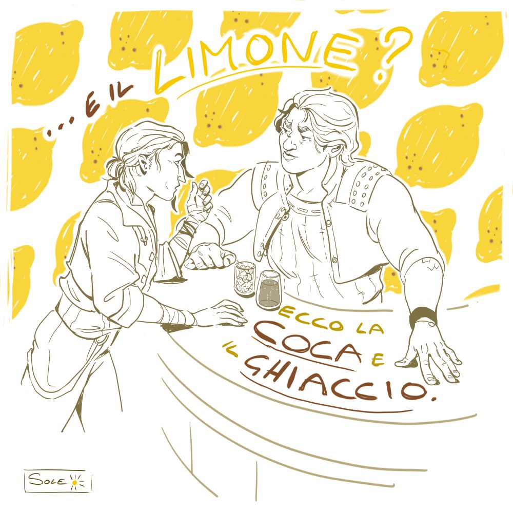 Silco + Vander fan art based on an Italian pun - lemon, "limone" is also a way of saying "making out". So Vander is serving a coke to Silco saying "here is your coke and ice" and Silco goes "what about the lemon"? (what follows is implied 🤭)