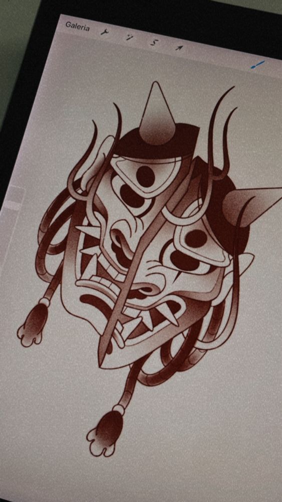 desenho de máscara hannya quebrada com chamas