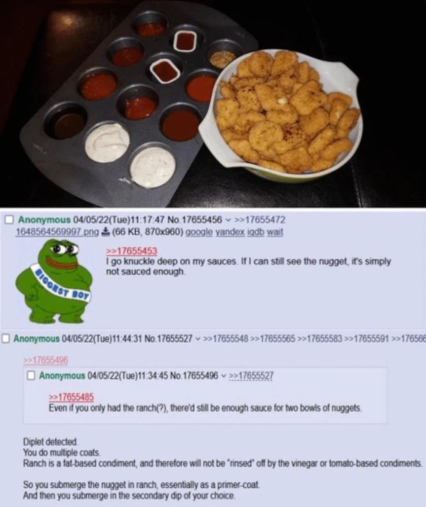 Huge bowl of chicken nuggets next to a muffin tin with all the cups filled with different dipping sauces