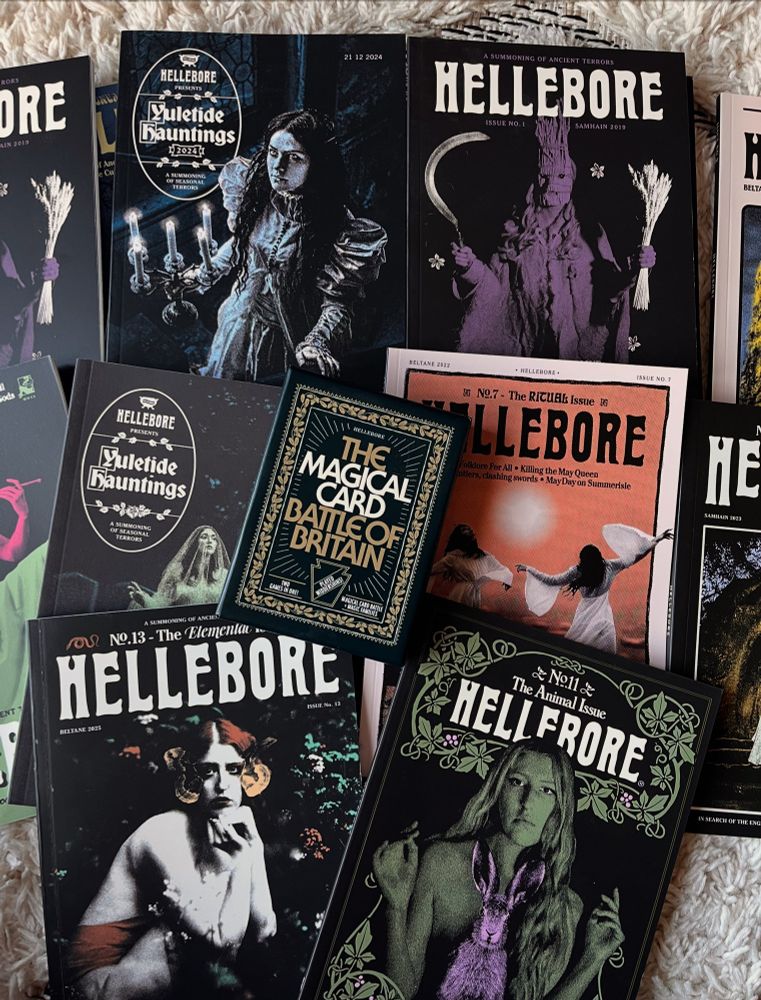 Some of the past issues of Hellebore. Covers show spectral figures, old gods and faeries.  