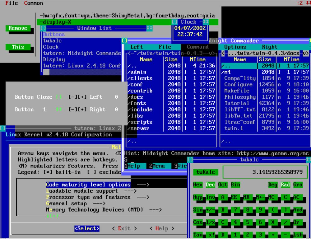 Screenshot of a Twin session, showing multiple text mode windows sharing the screen