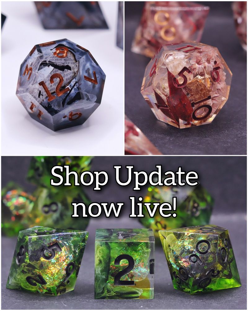 A graphic for my shop update with the text Shop Update now live!
It shows a dark ashes set, a pink and red floral set, and a green and dark forest set.