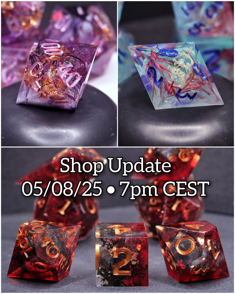 A graphic for my shop update. It shows different dice and has the text "Shop Update 05/08/25 7pm CEST" written on it.