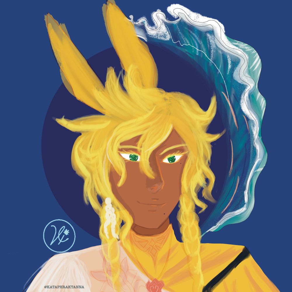 Painting of a brown bunny boy with wavy yellow hair and green eyes , his face is framed by foamy waves 
