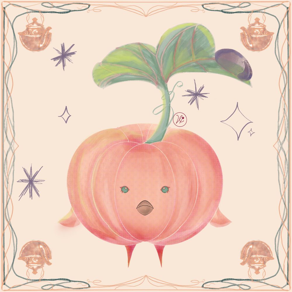 A derivative artpiece of @vanillafry's FF14 OC beau as a pink pumpkin korpokkur with a small droplet of lavender tea on their leaf