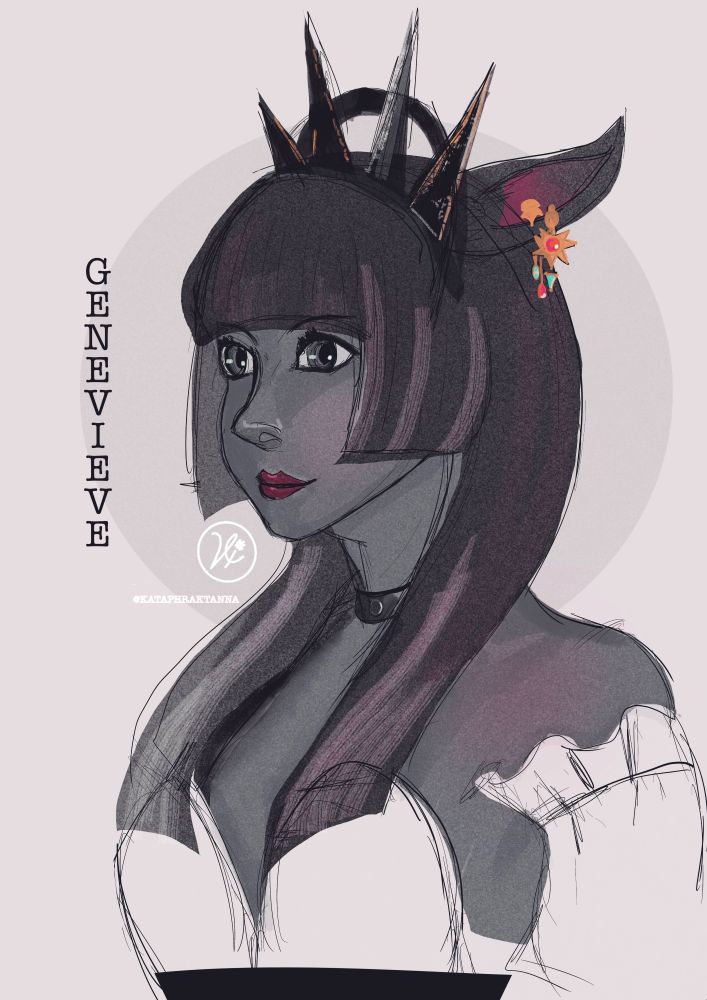 Portrait of a miqote's side profile. She has a dark grey complexion , straight salt and pepper hair in a hime cut style and grey eyes. She is wearing the galatea attire 