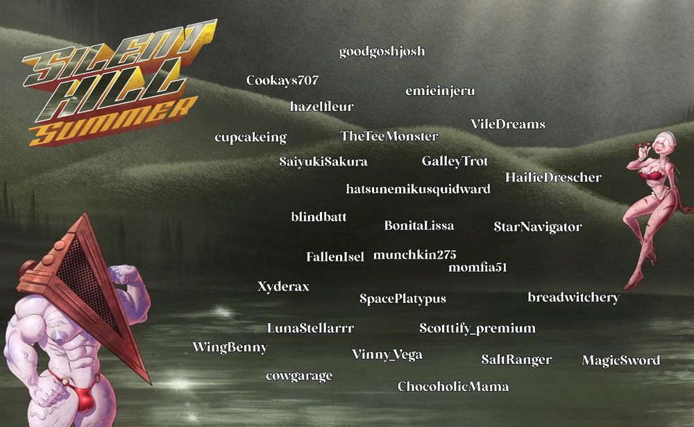 A lake-side setting with a muscled pyramid head in a very small swimsuit and a nurse in a small, pretty swimsuit with the names of everyone who donated $5 or more to the campaign 