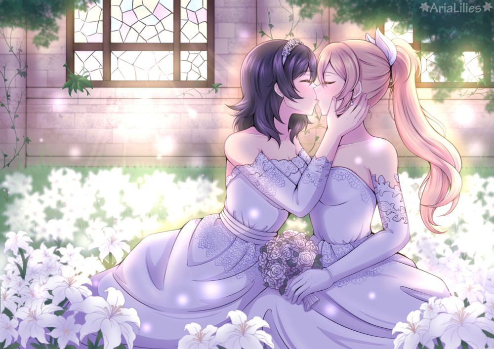 Fanart of Akari and Menou from The Executioner and Her Way of Life. The two are sharing a kiss while wearing wedding dresses. They are sitting in a field of white lilies inside of an old dilapidated church while light streams in through the stained glass window behind them.