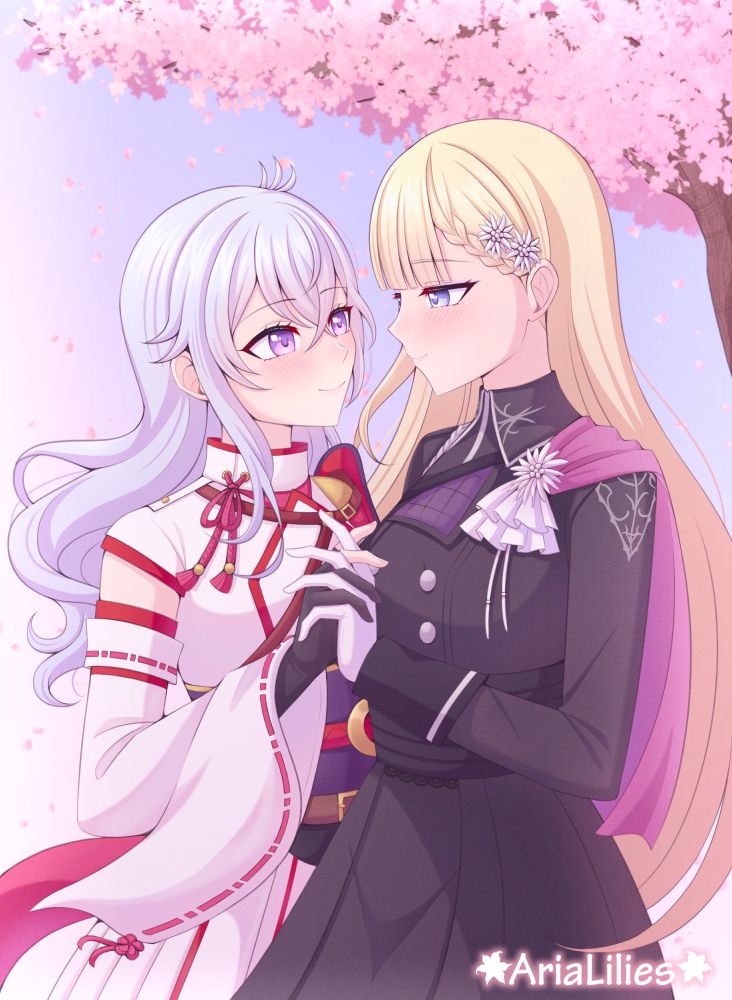 Fanart of Kaguya and Clarice from Rune Factory: Guardians of Azuma. The two are holding hands and lovingly looking into each other's eyes while under a cherry blossom tree.