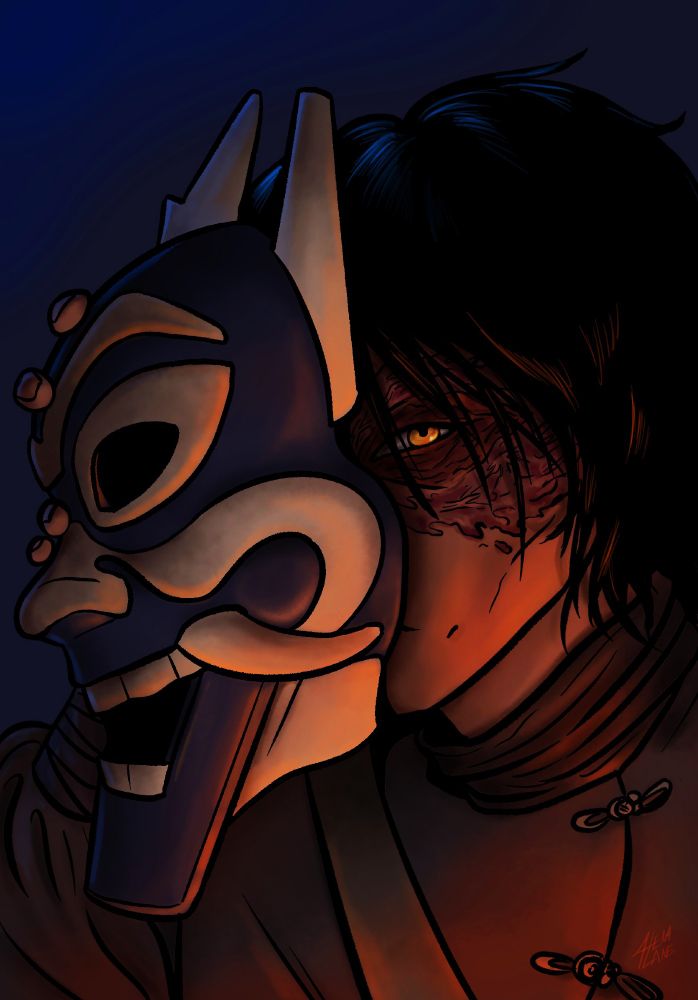 Lena's Art: A moody drawing of Zuko from Avatar the Last Airbender holding the blue spirit mask to his face. Zuko's eye and scar are visible, the rest of his face largely obscured. The composition is dark with a warm firelight glow from the lower right, and Zuko's eye gleams gold. 